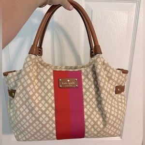 EUC KATE SPADE ♠️ TAN AND OFF WHITE SHOULDER BAG WITH BROWN LEATHER ACCENTS